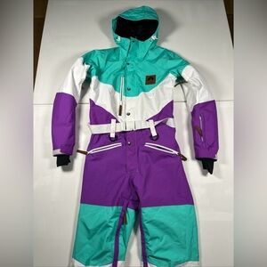 OOSC One Piece Ski Snow Suit Color block Retro Hooded Folie 10k Womens Size XS